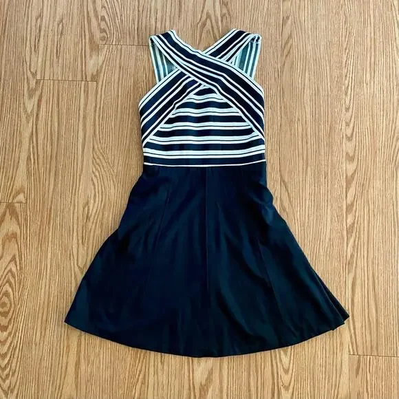 Anthropologie Maeve Black White Crosswise Stripe Fit & Flare Mini Dress Womens 6 - Picture 3 of 15